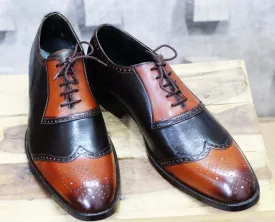 Bespoke Brown & Tan Leather Wing Tip Lace up Shoe for Men