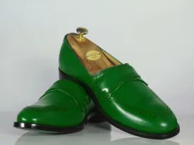 Bespoke Green Leather Penny Loafer for Men's