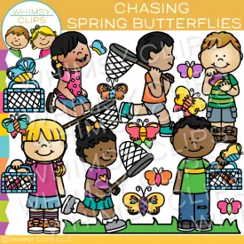 Kids Chasing Spring Butterflies Clip Art