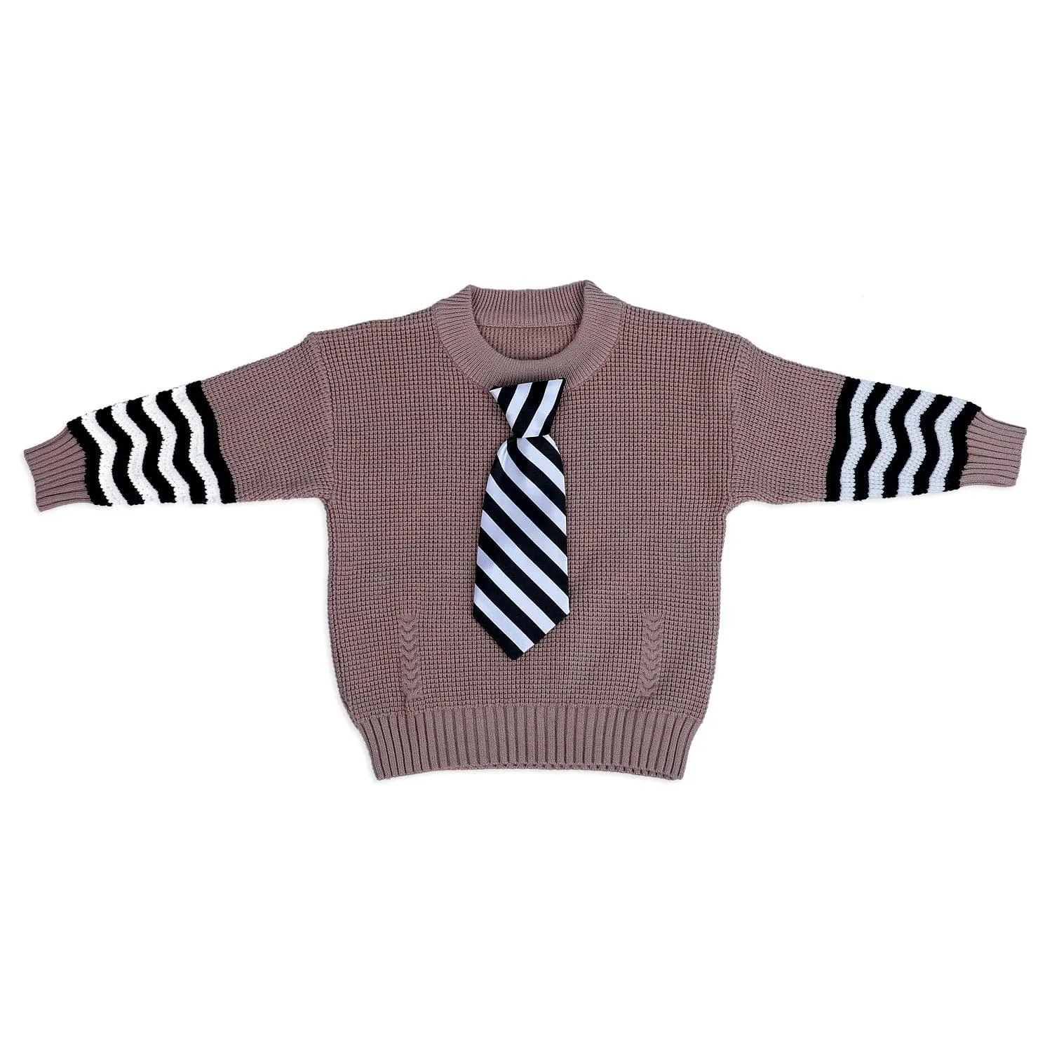 3D Neck Tie Premium Full Sleeves Knitted Sweater - Brown