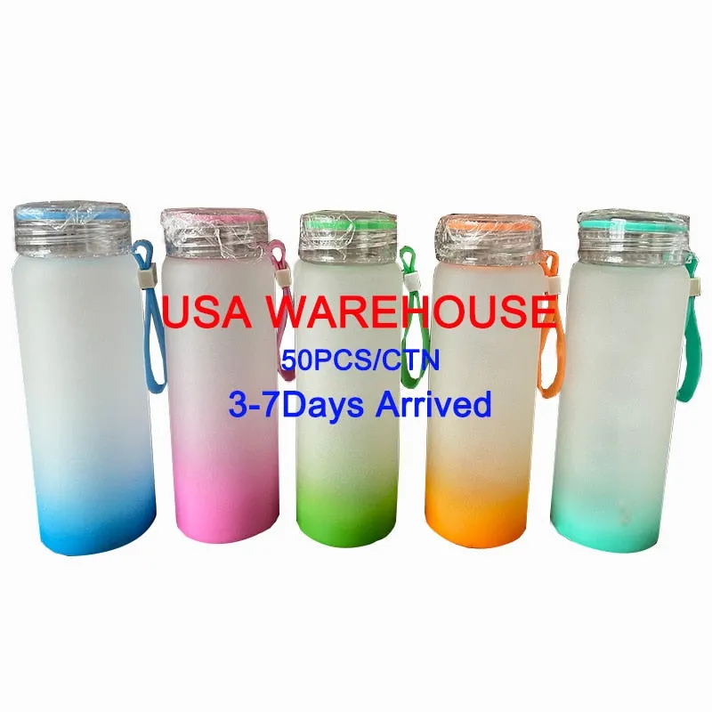 50Pack Gradient Color Drinking Water Bottles 17oz Sublimation Frosted Glass Water Bottles With Plastic Lid