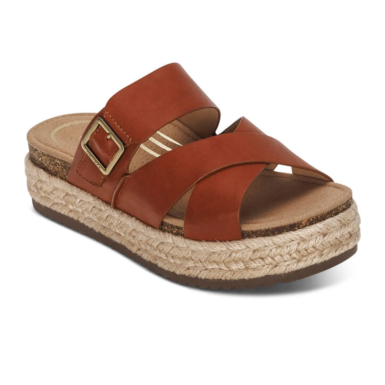 Aetrex Alyssa Platform Slide Sandal (Women) - Cognac Leather