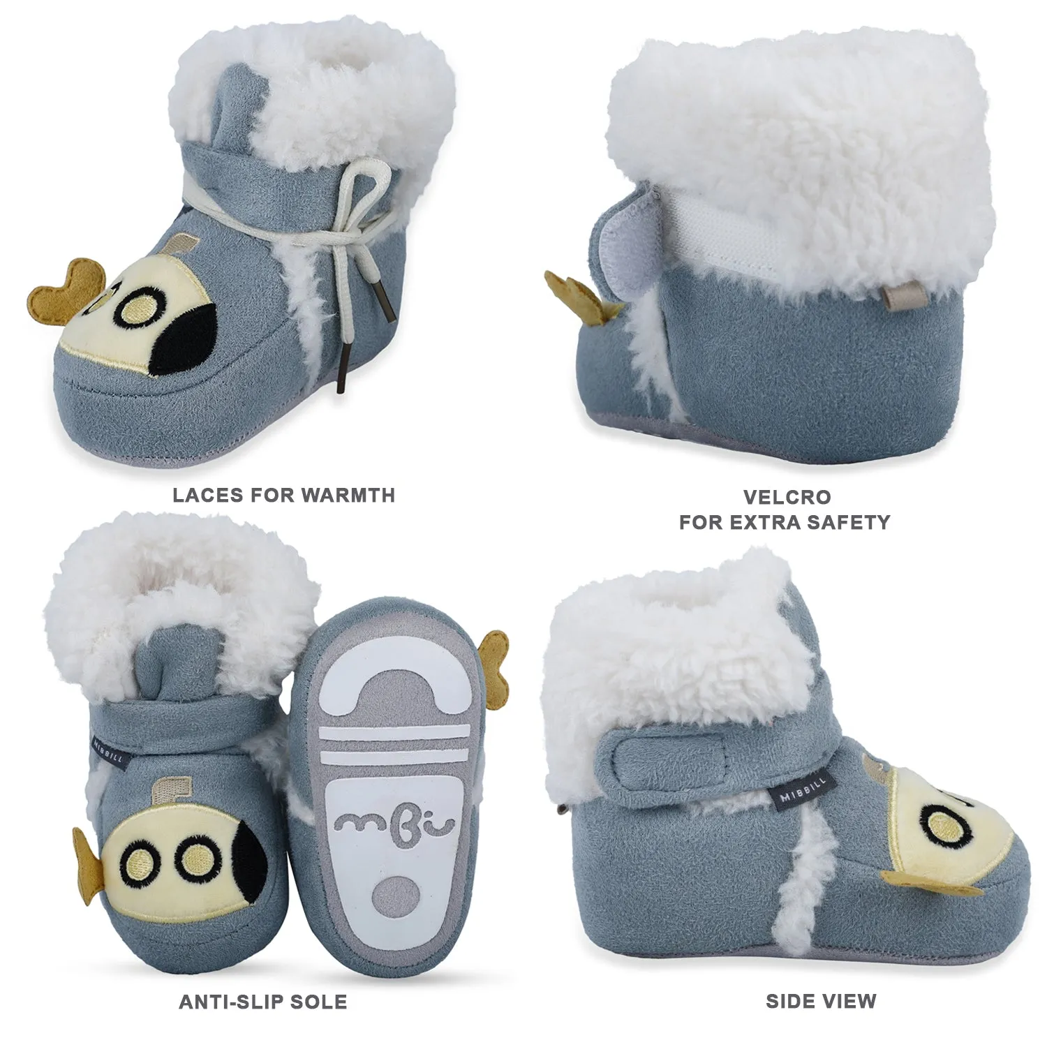 Baby Moo Submarine Velcro Warm Furry Booties - Blue