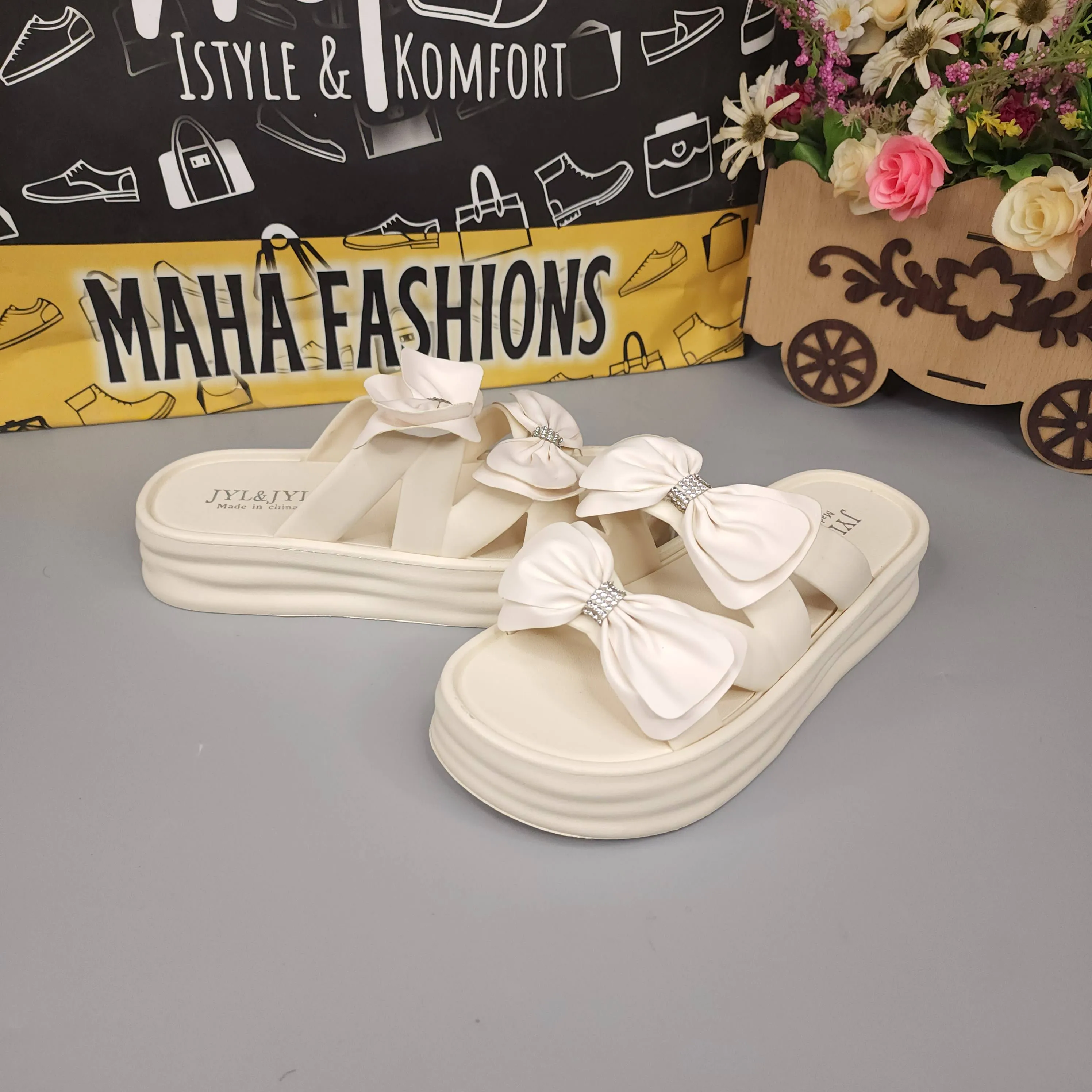 Beige Double Bow Slides