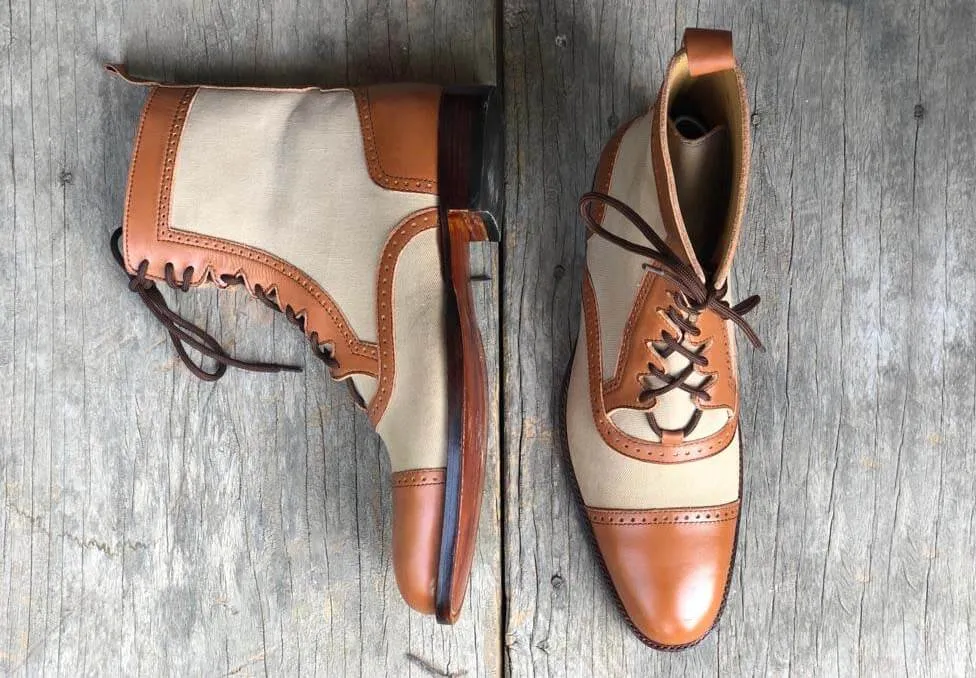 Bespoke Beige Brown Suede Leather High Ankle Lace Up Boots