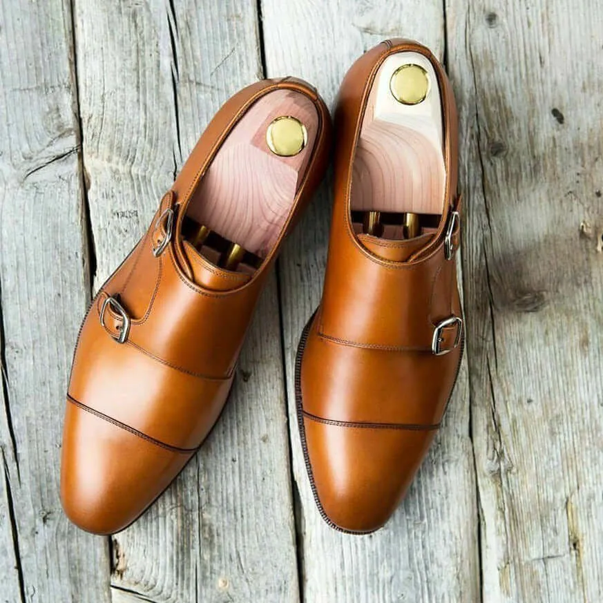 Bespoke Brown Cap Toe Double Monk Strap Shoes for Men's