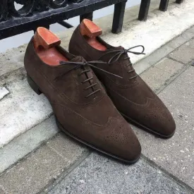 Bespoke Chocolate Brown Suede Wing Tip Lace Up Shoe for Men