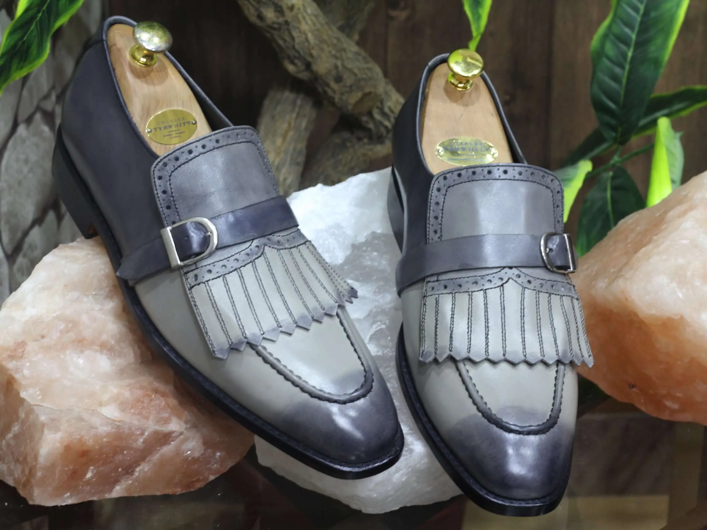 Bespoke Grey Buckle Fringe Loafers for Men's