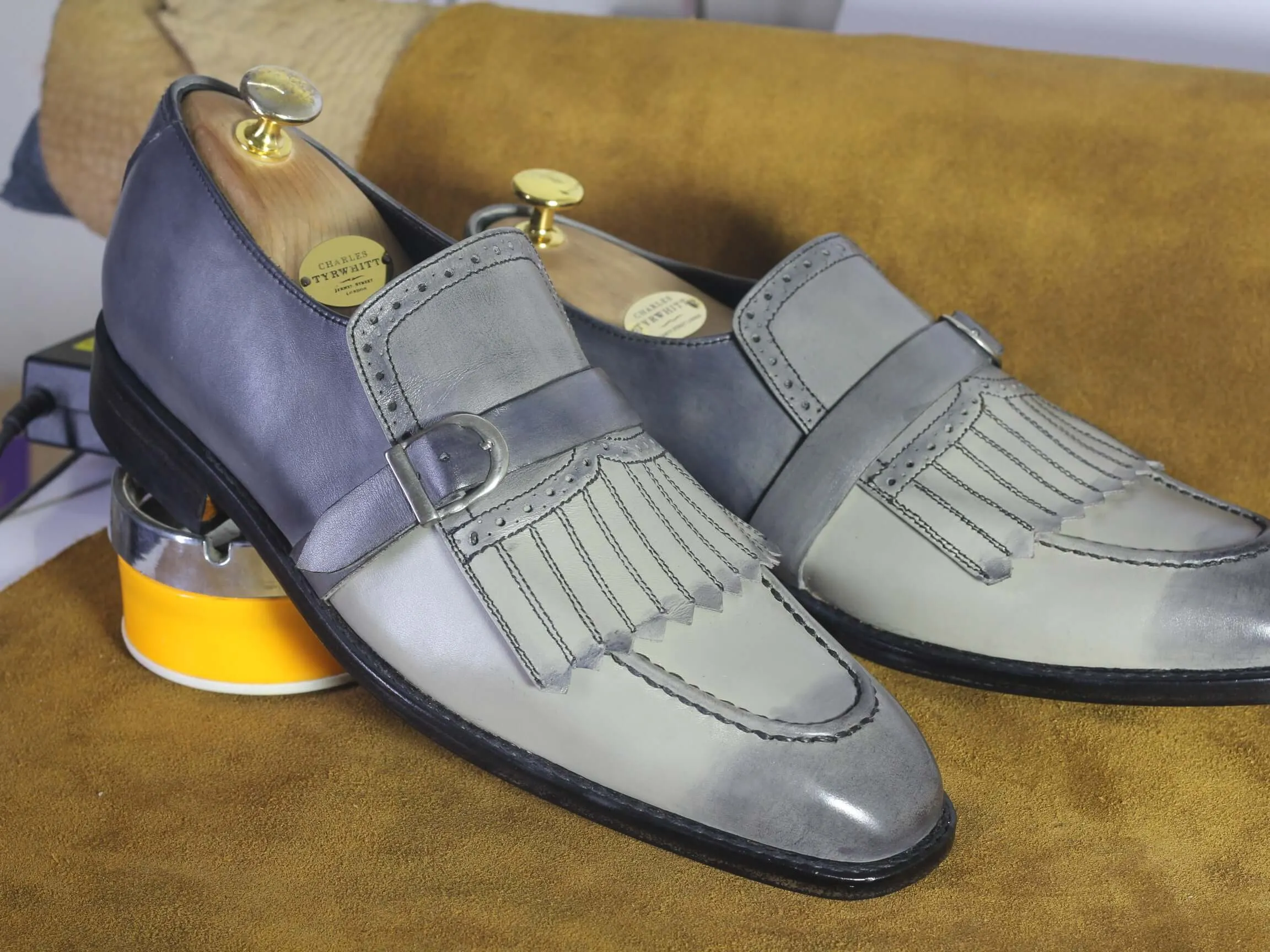 Bespoke Grey Buckle Fringe Loafers for Men's