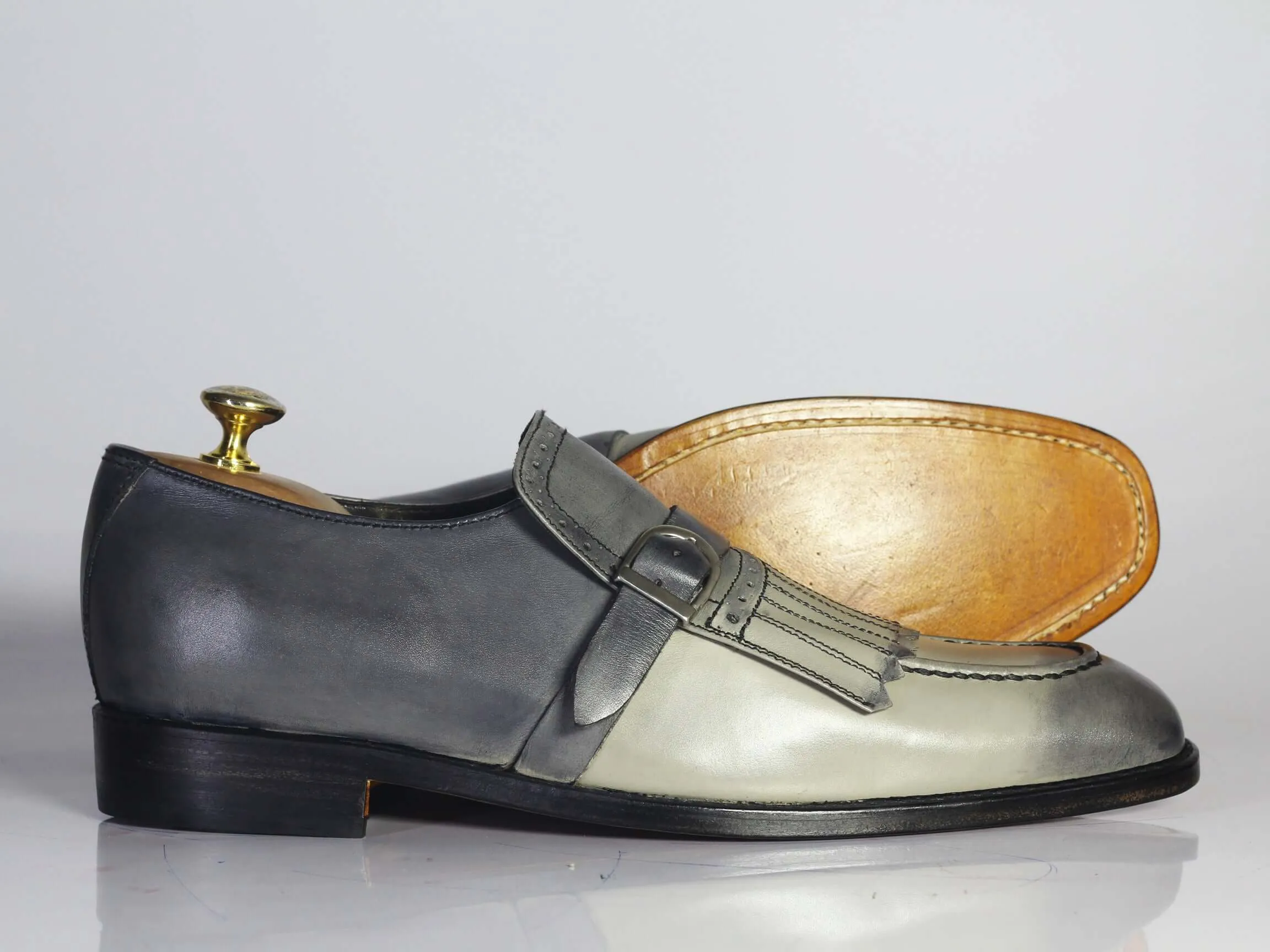 Bespoke Grey Buckle Fringe Loafers for Men's