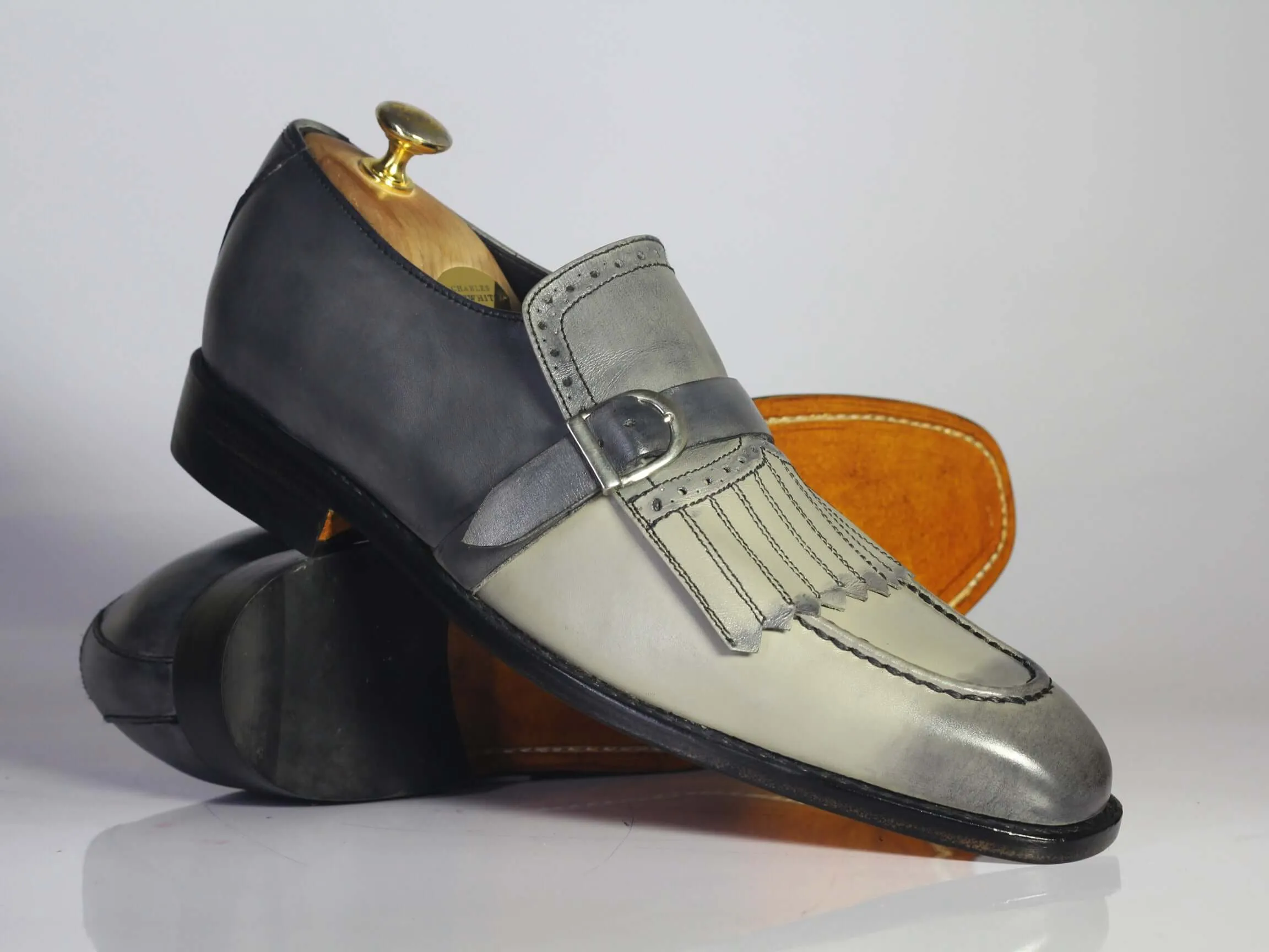 Bespoke Grey Buckle Fringe Loafers for Men's