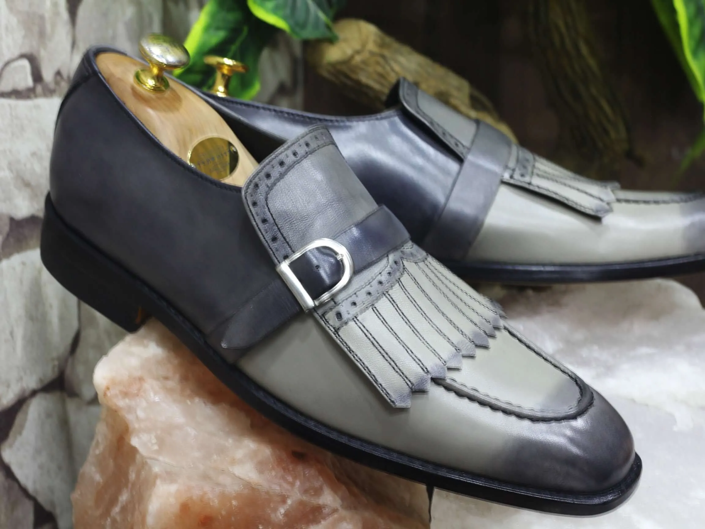 Bespoke Grey Buckle Fringe Loafers for Men's