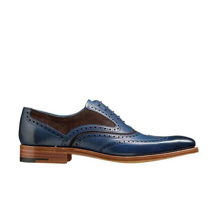 Bespoke Navy Blue Brown Leather Suede Wing Tip Shoes