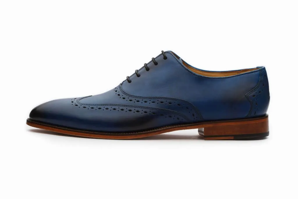 Bespoke Navy Blue Brown Leather Suede Wing Tip Shoes