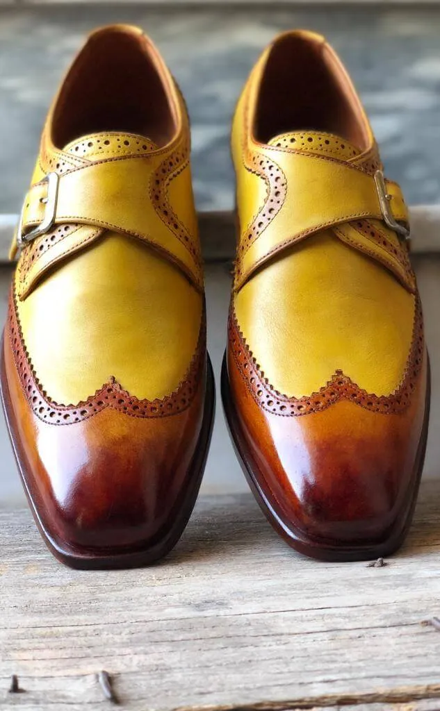 Bespoke Yellow Tan Brown Leather Monk Strap Wing Tip Shoes for Men's