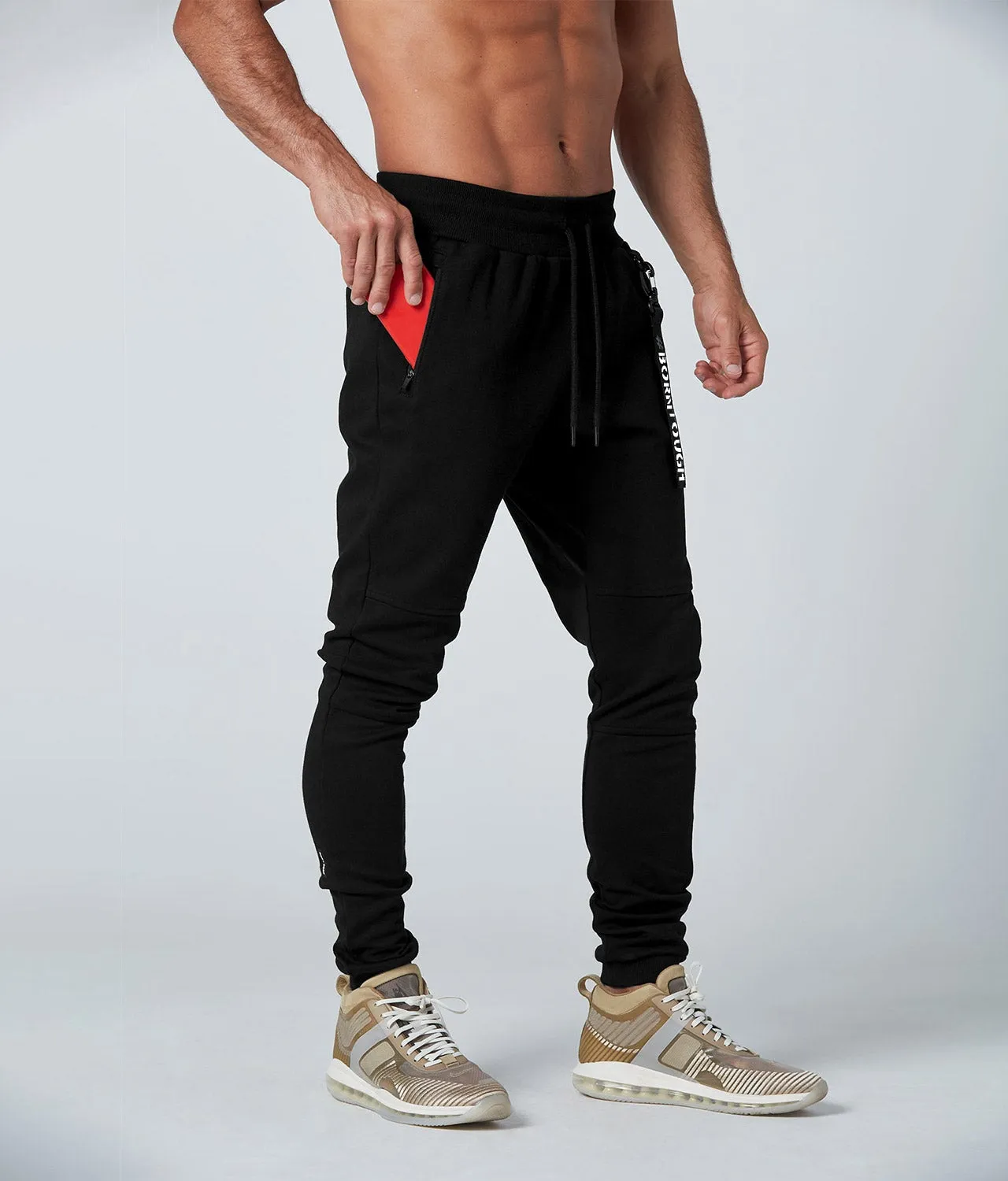 Born Tough Core Fit Zippered Black Athletic Jogger Pants for Men