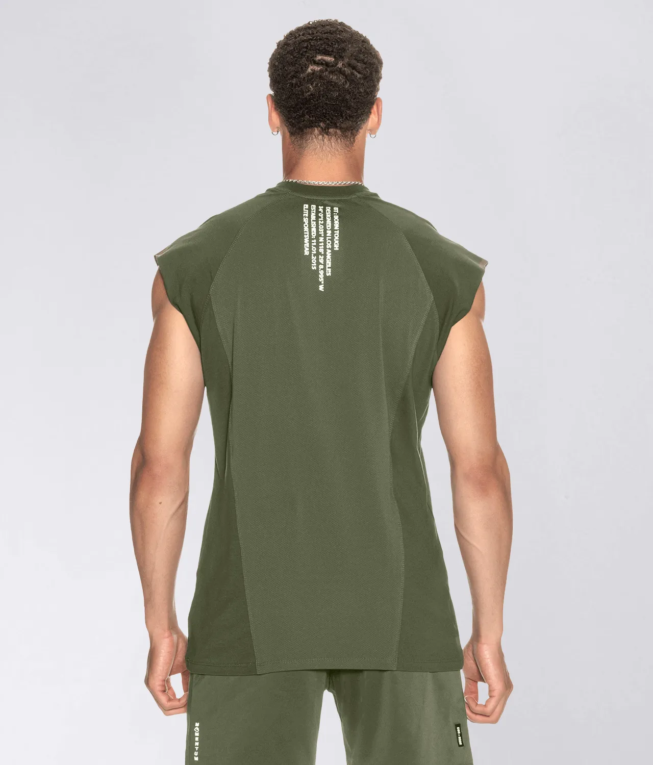 Born Tough Sleeveless Back Shoulder Drop Athletic T-Shirt For Men Military Green