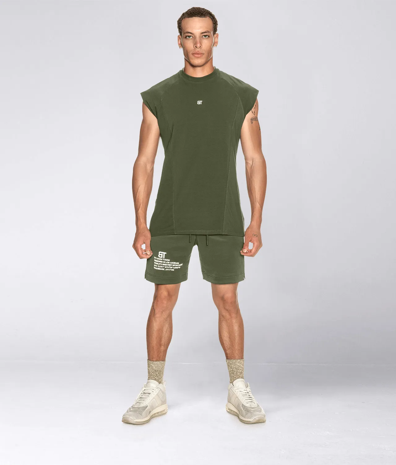 Born Tough Sleeveless Back Shoulder Drop Athletic T-Shirt For Men Military Green