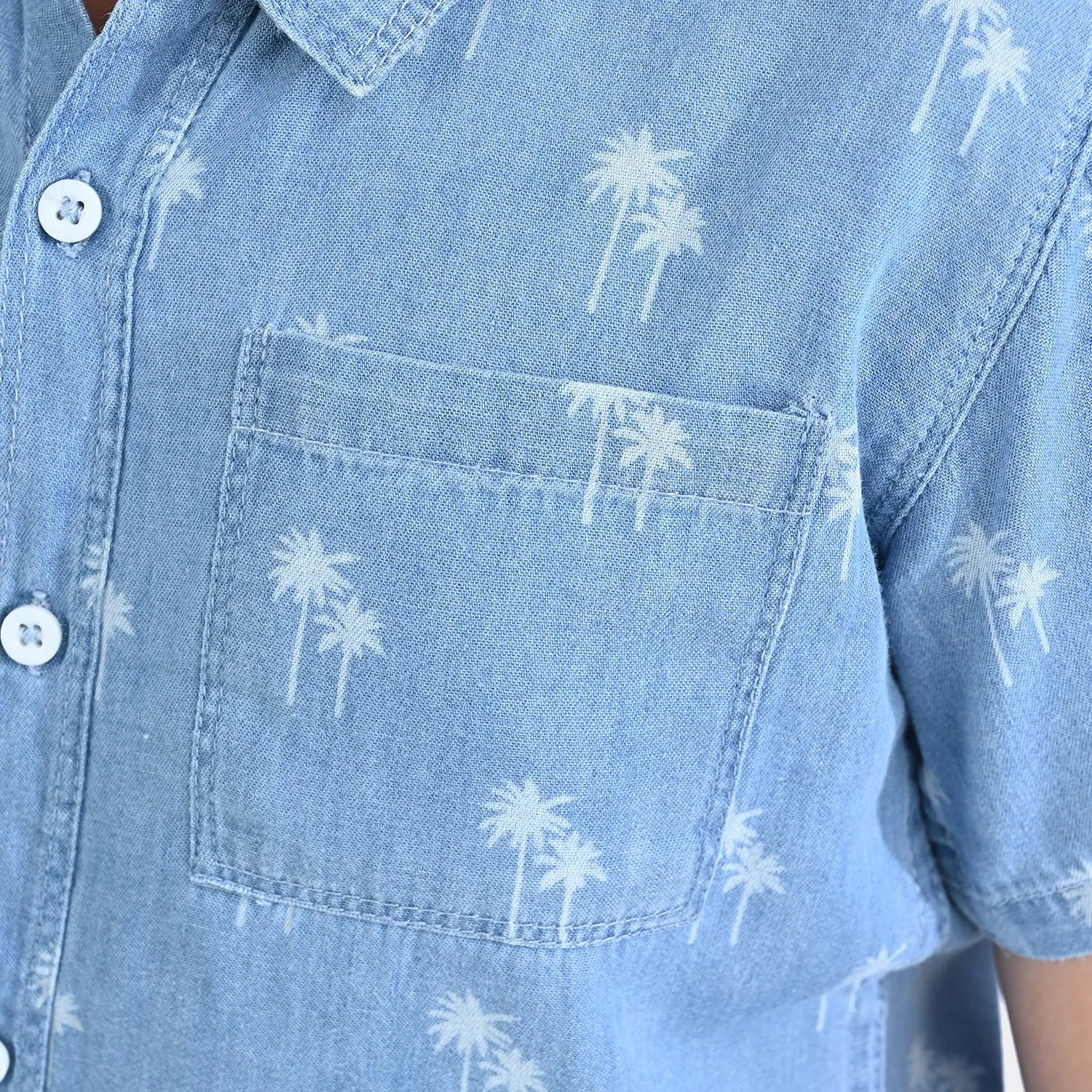 Boys Denim rigid Shirt H/S Palm Discharge-Lt Blue