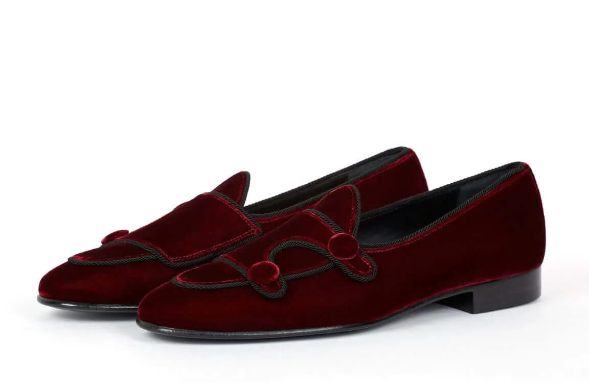 Burgundy Belgian Loafer Velvet Double Monk Style Men's Party Shoes