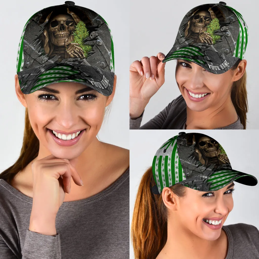 Custom Name Skull Weed Classic Cap, Baseball Skull Cap Hat For Summer Travel