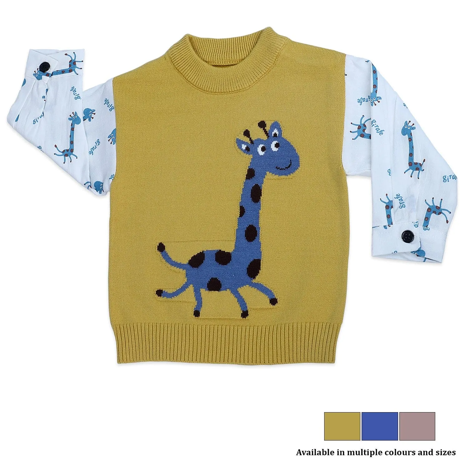 Cute Giraffe Premium Full Sleeves Knitted Sweater - Mustard And White