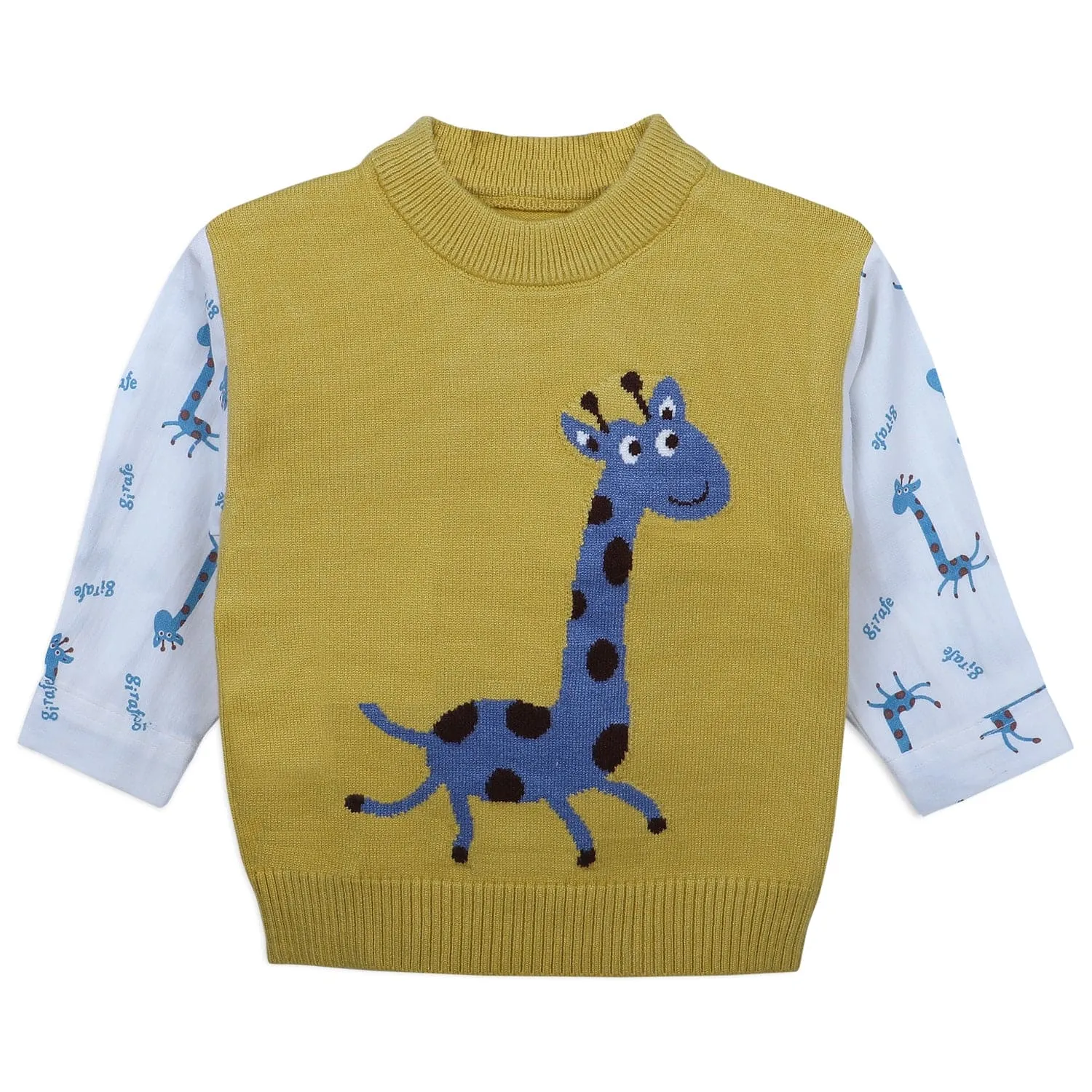 Cute Giraffe Premium Full Sleeves Knitted Sweater - Mustard And White