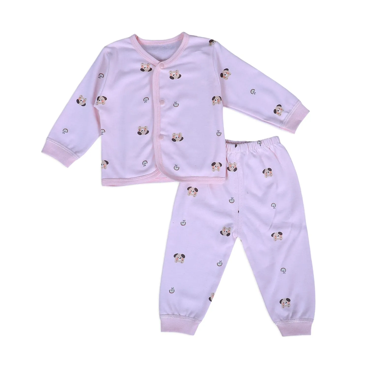 Cute Puppy Full Sleeves 2 Piece Buttoned Pyjama Set Night Suit - Pink