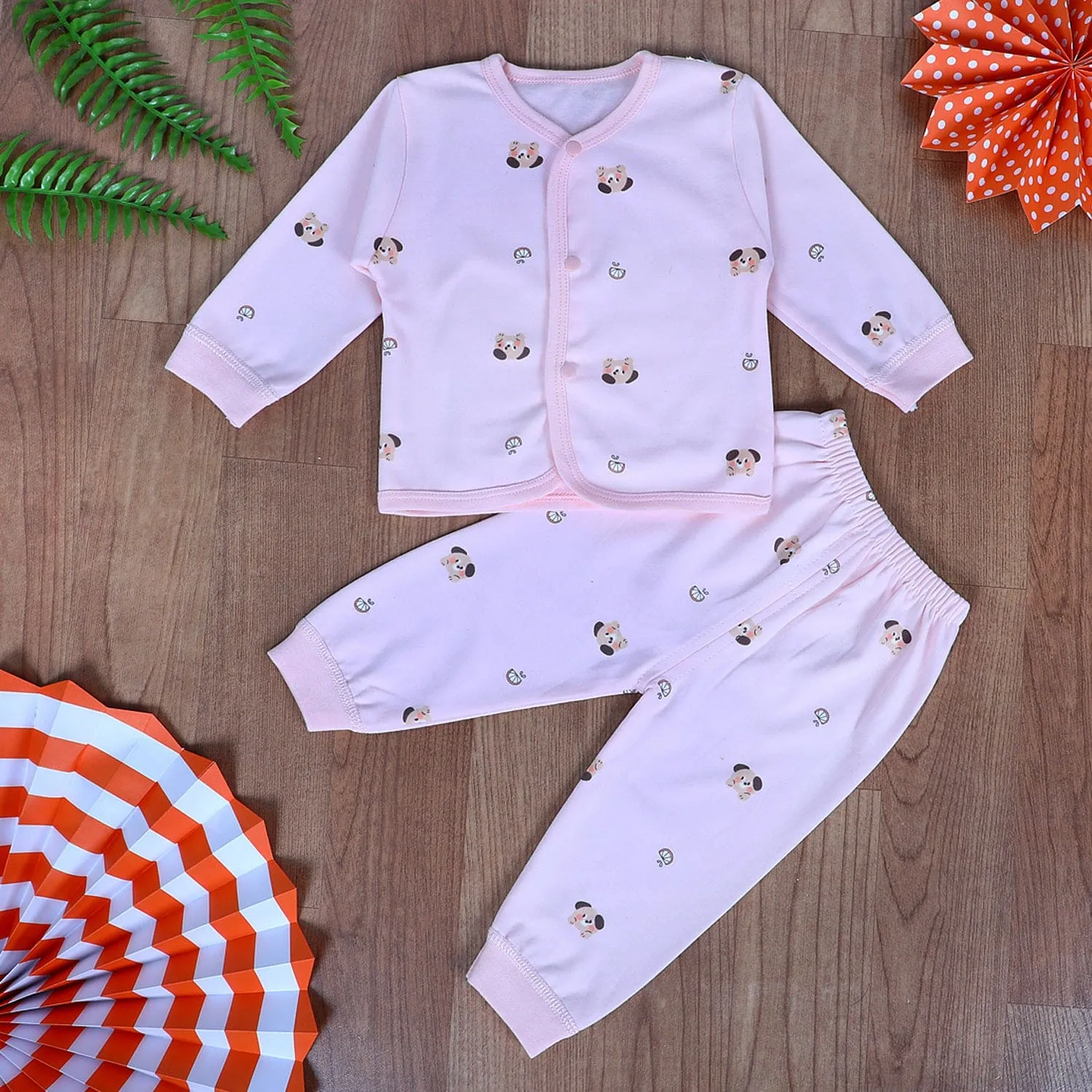 Cute Puppy Full Sleeves 2 Piece Buttoned Pyjama Set Night Suit - Pink