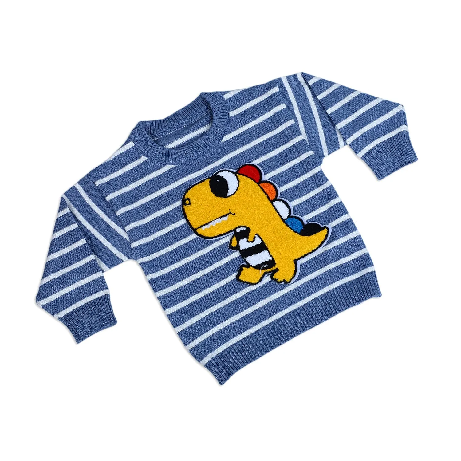 Dashing Dino Striped Premium Full Sleeves Knitted Sweater - Blue