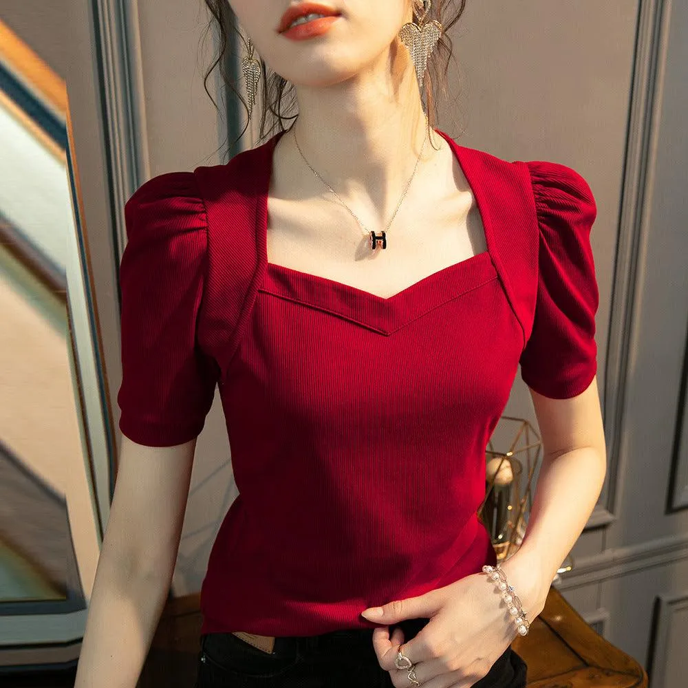 Diamond Collar Short Sleeve T-shirt Women's Solid Color Puff Sleeve Top