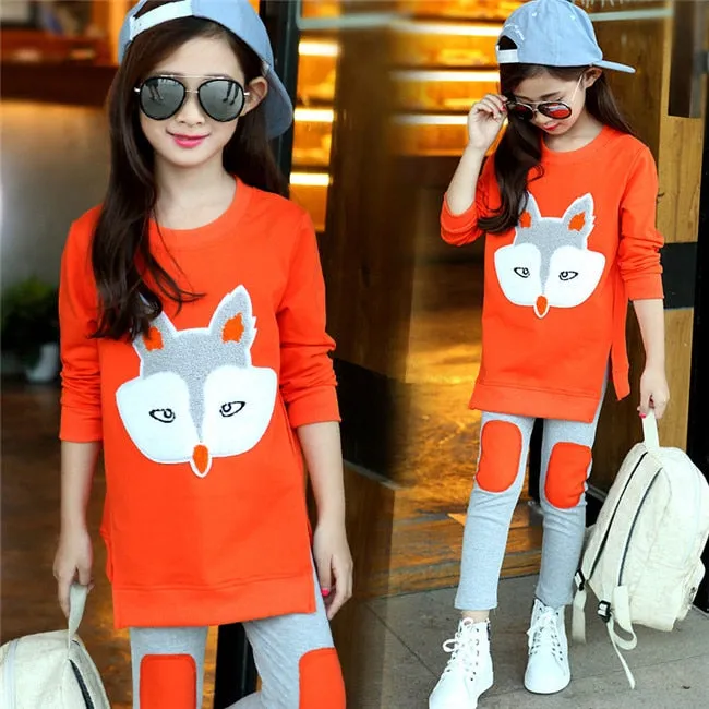 Fox Cartoon Long Sleeve Sweatshirt Suit For Kids