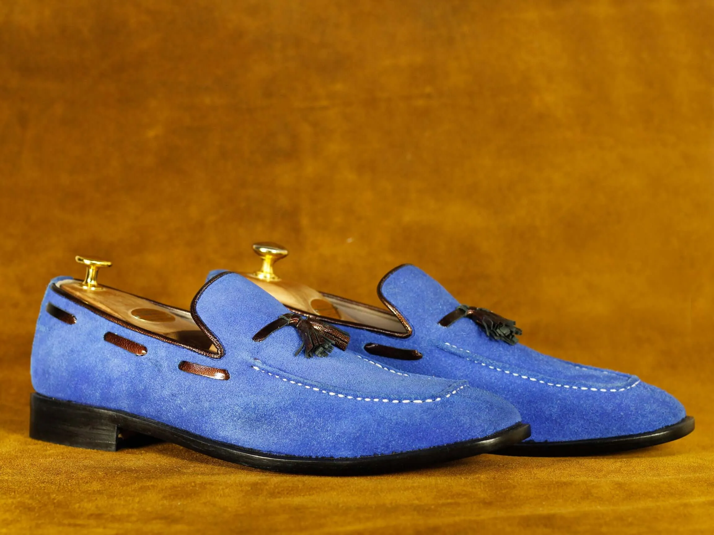 Handmade Blue Suede Tussles Shoes' Men's Formal Shoes