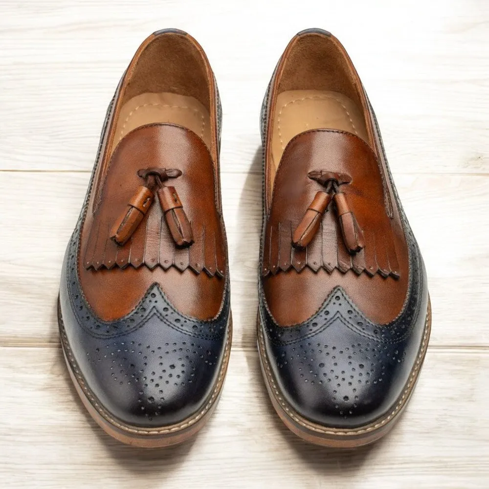 Handmade Brown Blue Fringe Loafer Tussle Shoes, Men's Leather Shoes