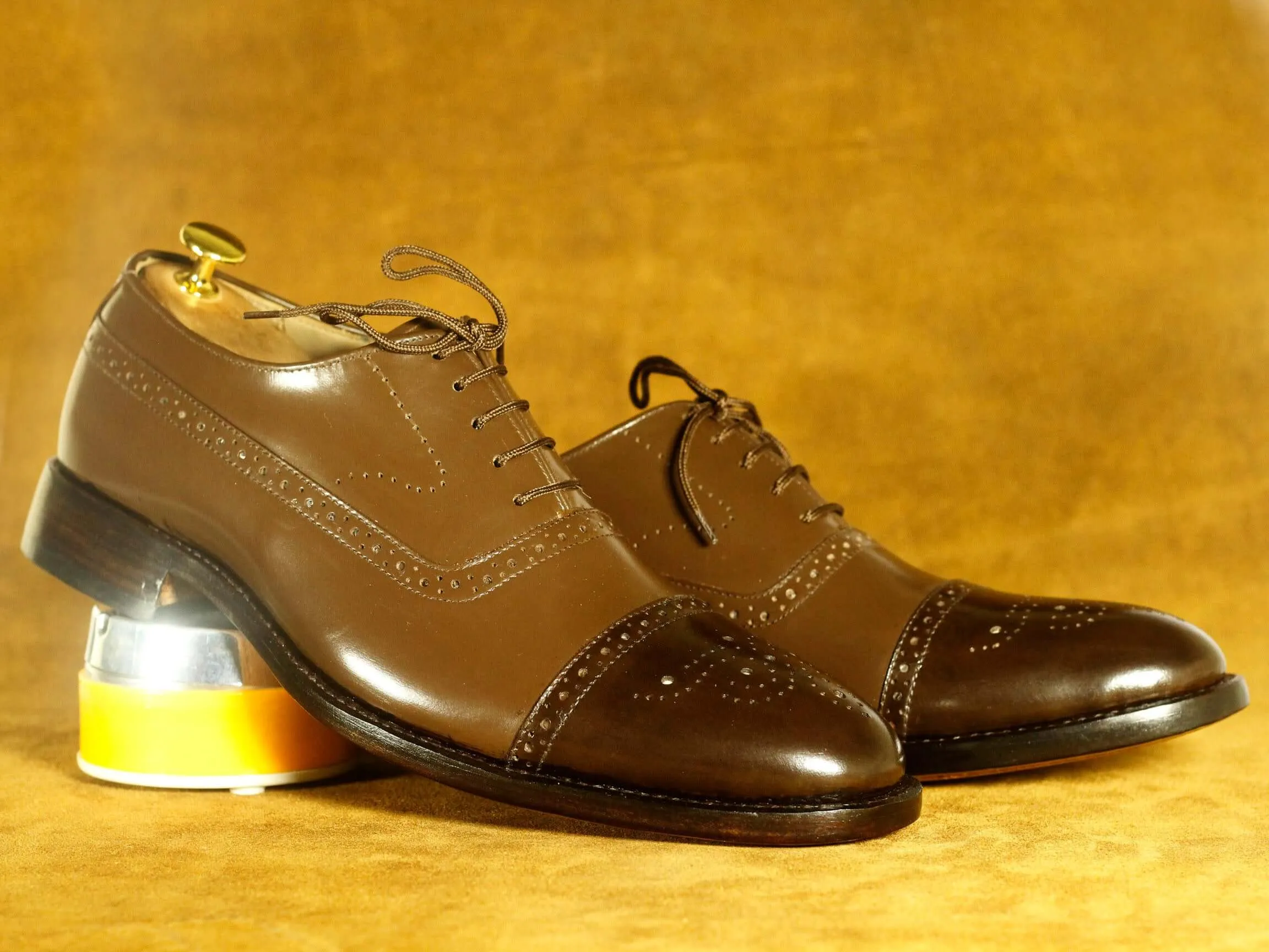 Handmade Brown Cap Toe Brogue Leather Lace Up Shoe Men's Dress shoes