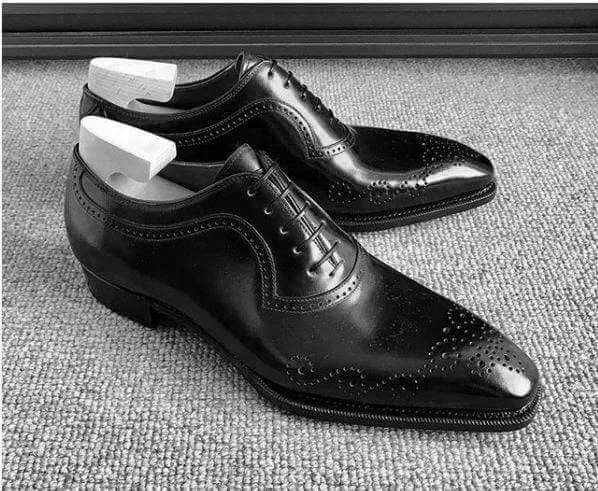 Handmade Men's Leather Black Derby Brogue Shoes