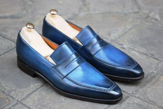 Handmade Men's Leather Blue Slip On Square Toe Shoes