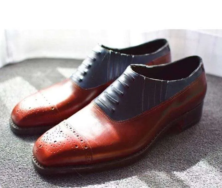 Handmade Men's Leather Brown Blue Cap Toe Brogue Shoes