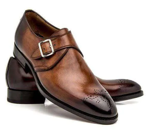 Handmade Men's Leather Monk Strap Brown Brogue Shoes