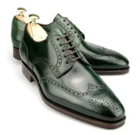 Handmade Men's Leather Wing Tip Brogue Green Shoes