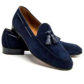 Handmade Men's Navy Blue Suede Slip On Tussles Shoes