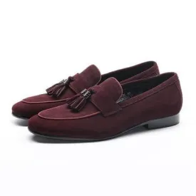 Handmade Men's Oxford Tassels Shoes,Burgundy Suede Formal Loafer Shoes