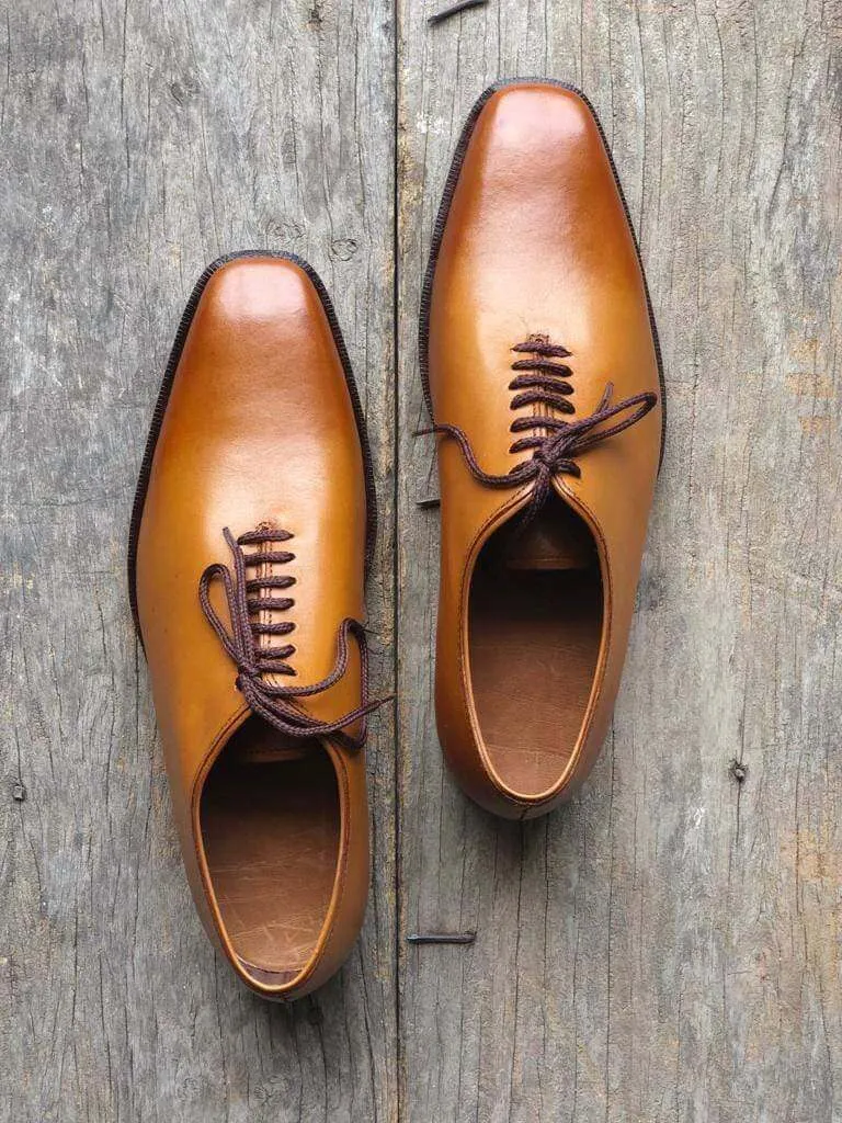 Handmade Men's Tan Leather Lace Up Derby Shoes