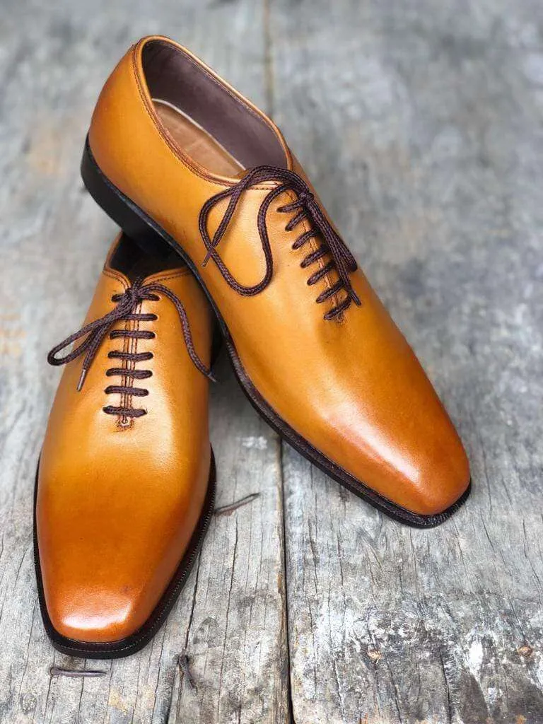 Handmade Men's Tan Leather Lace Up Derby Shoes