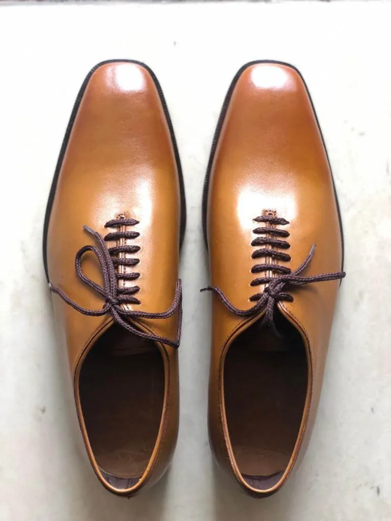 Handmade Men's Tan Leather Lace Up Derby Shoes