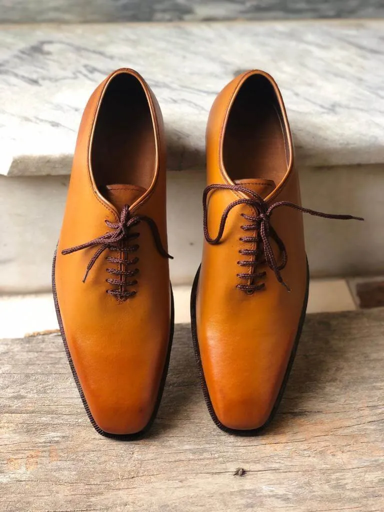 Handmade Men's Tan Leather Lace Up Derby Shoes