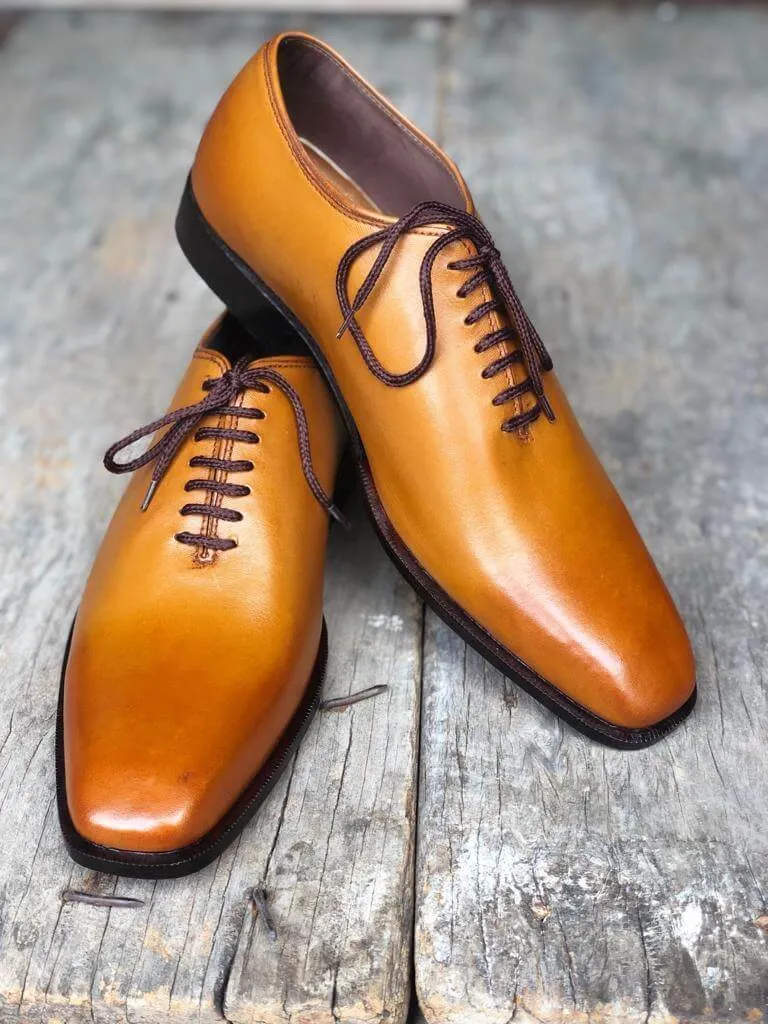 Handmade Men's Tan Leather Lace Up Derby Shoes