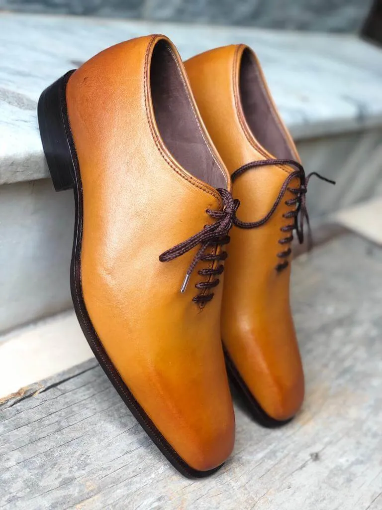 Handmade Men's Tan Leather Lace Up Derby Shoes