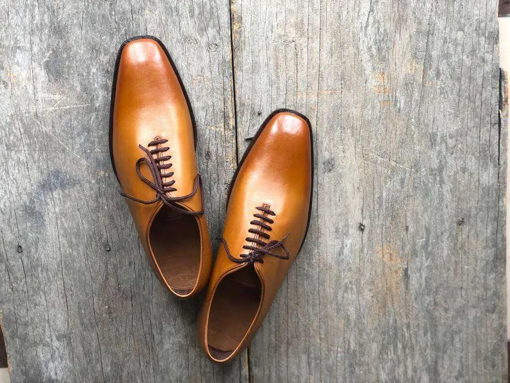 Handmade Men's Tan Leather Lace Up Derby Shoes