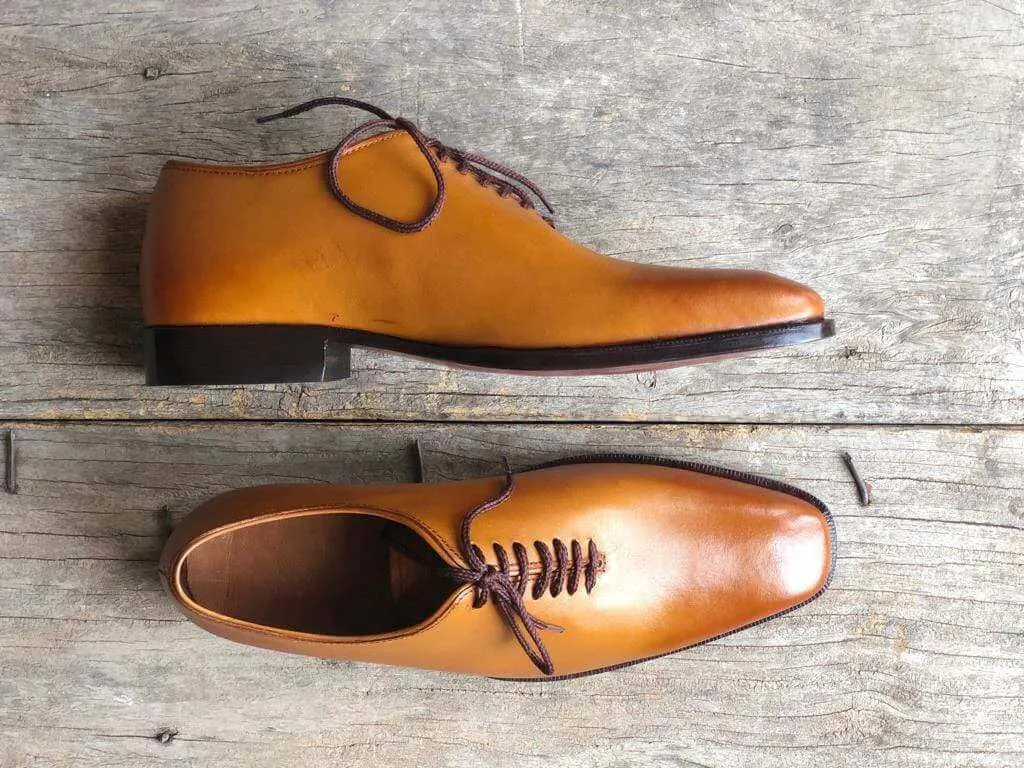 Handmade Men's Tan Leather Lace Up Derby Shoes